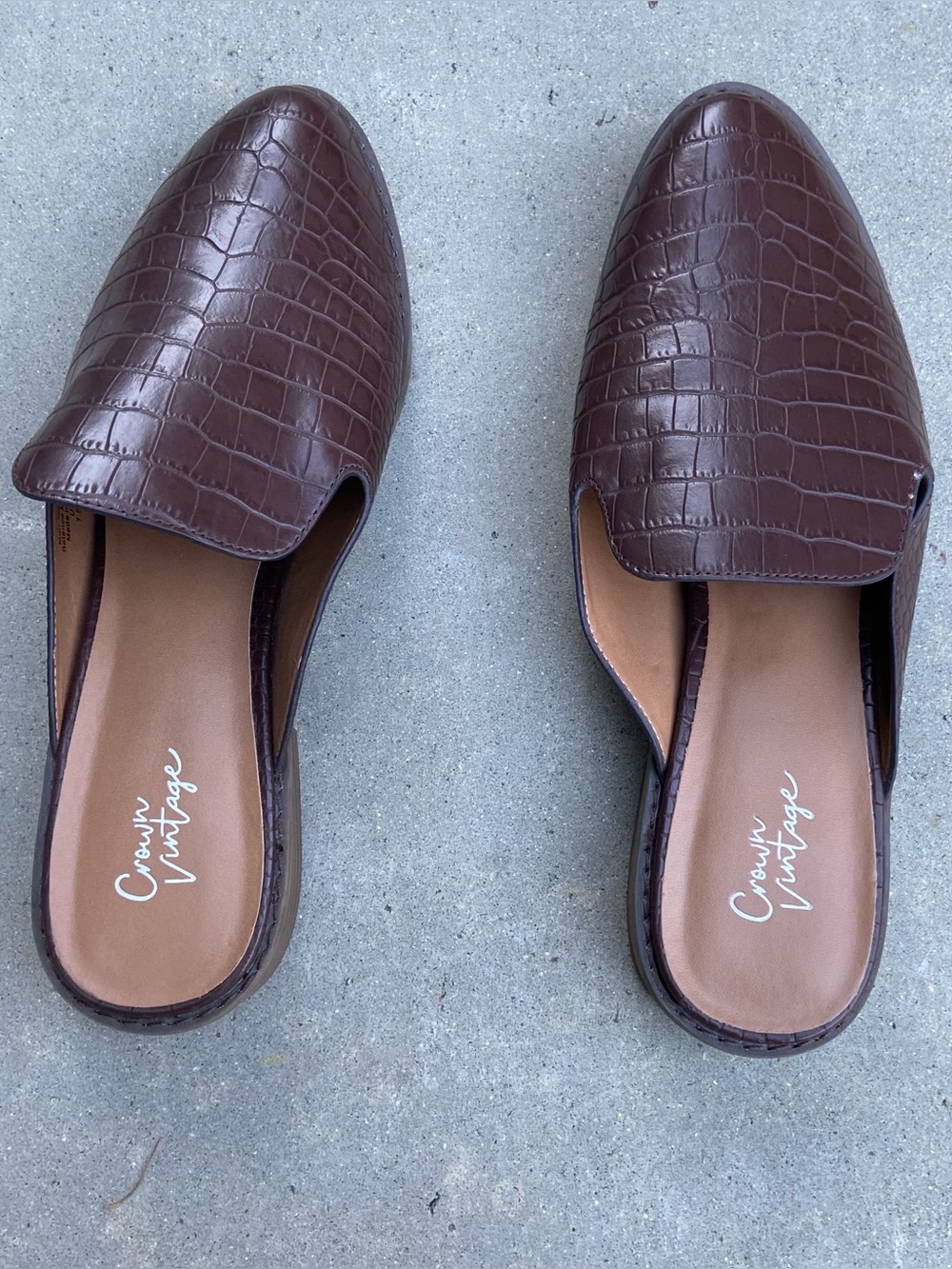 Crown Vintage Dark Brown Croc-Embossed Slip-On Mules